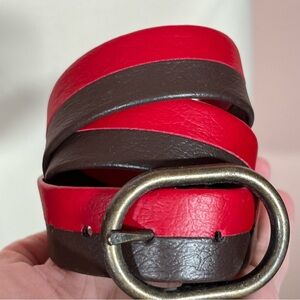 Vintage 1970 Mod two tone Red  Brown Leather Skinny Minimalist Preppy belt